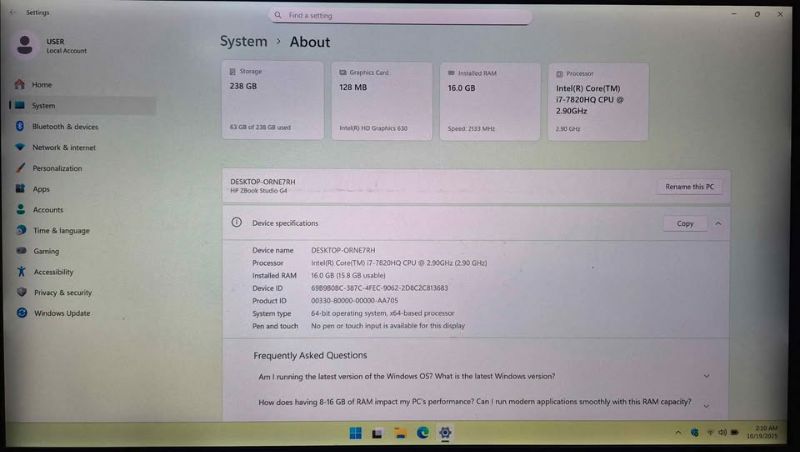 HP ZBook 4K Display 16GB RAM 256GB SSD Backlit Keyboard