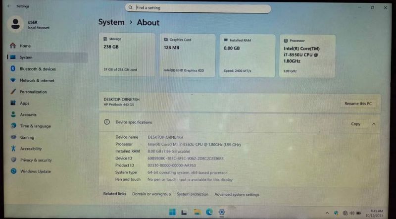 HP Probook I7 8TH 8GB RAM | 256GB SSD Backlit Keyboard