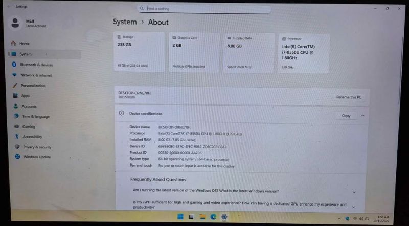 Lenovo Thinkpad I7 8TH NVidia MX150 8GB RAM | 256GB SSD Backlit Keyboard