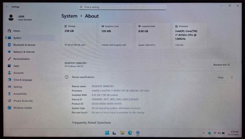 HP Probook I7 8TH 8GB RAM | 256GB SSD Backlit Keyboard